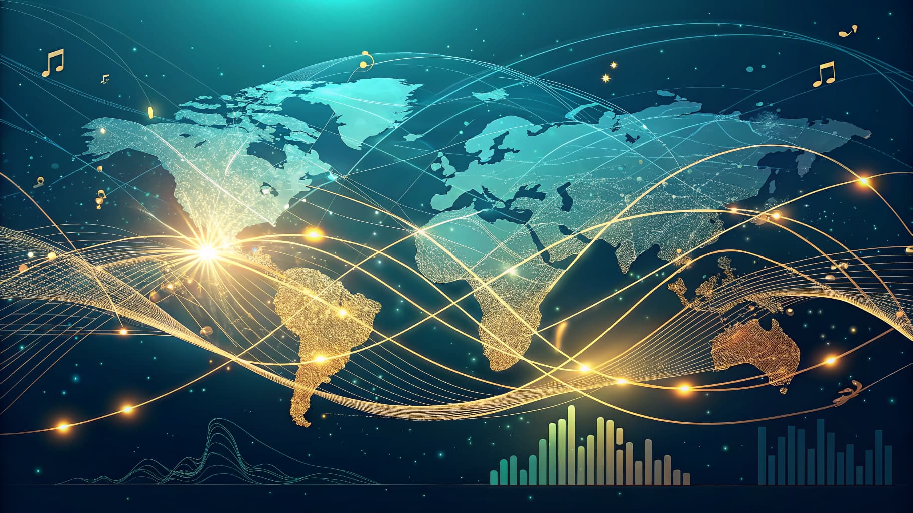 World map with glowing continents, interconnected by golden lines, musical notes, and sound wave graphics.