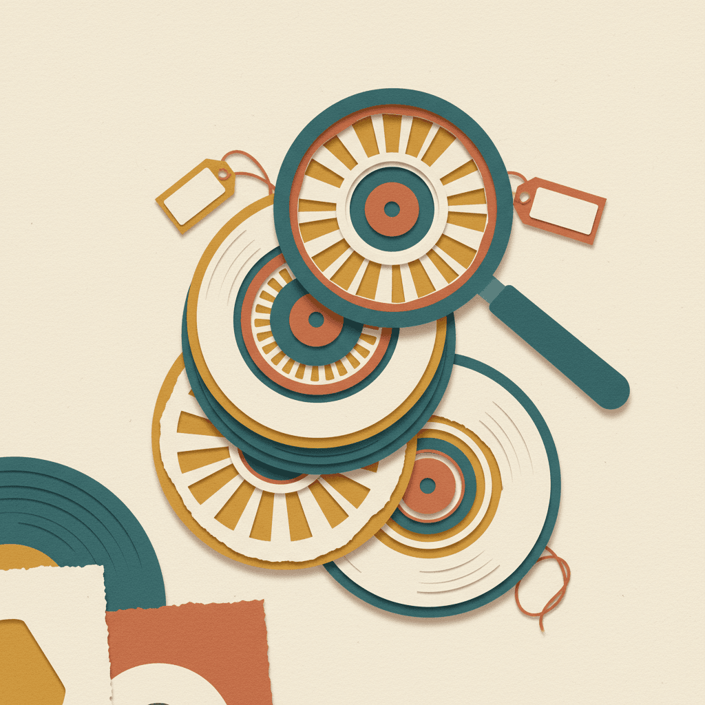 Paper cut-out art of a magnifying glass over stacked records with price tags, in teal, orange, and cream.