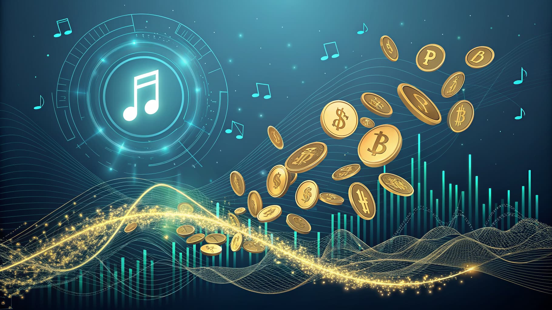 Digital music note in a glowing circle with golden coins, musical notes, and sound waves on a blue background.
