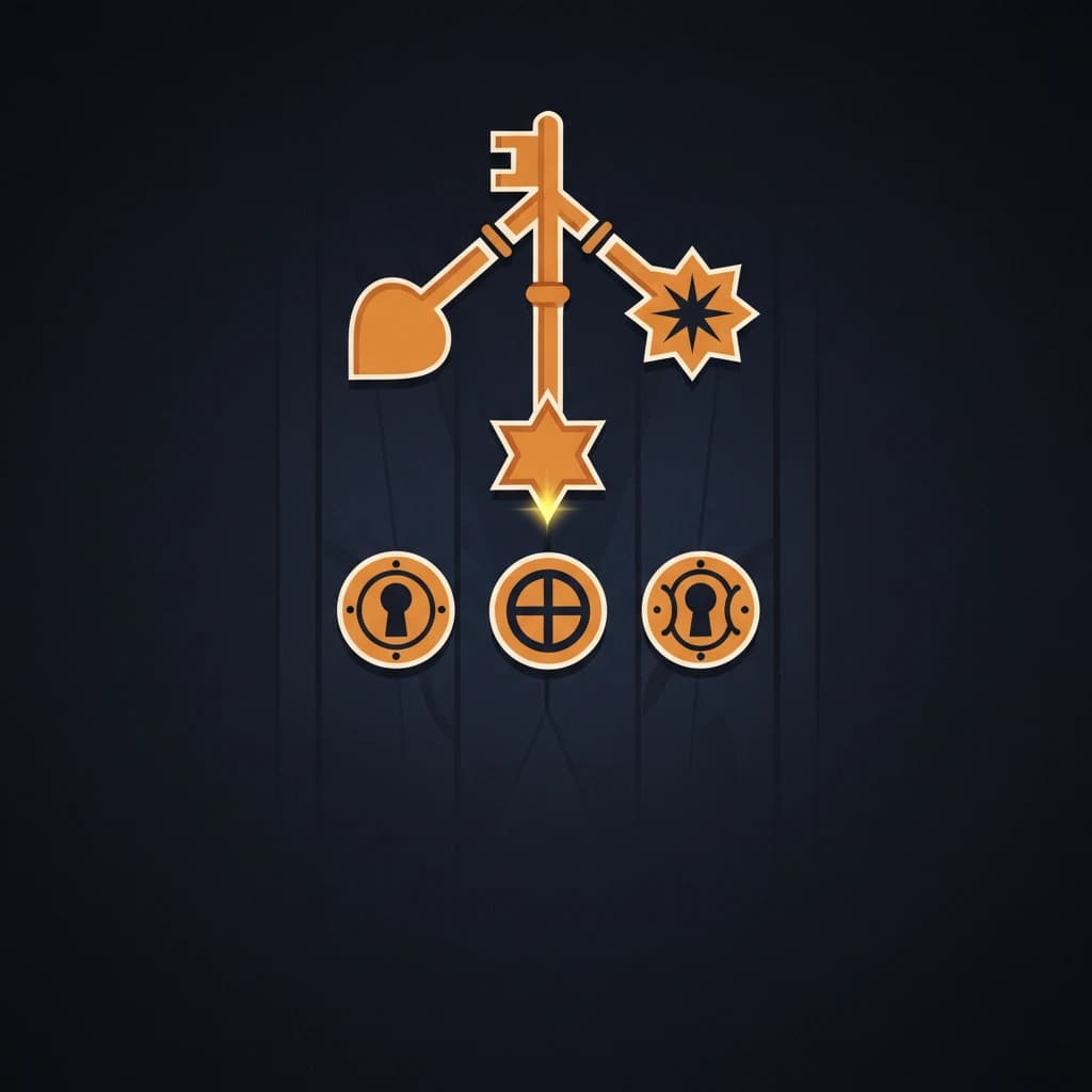 Stylized golden key with three different ends, a shovel, a star, and a six-pointed star, above three keyholes.