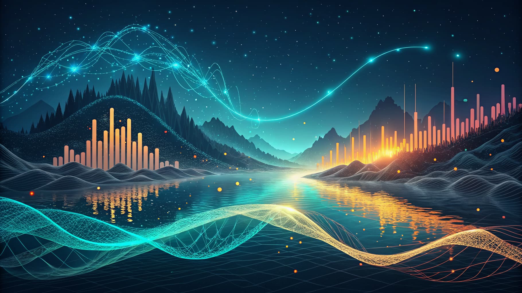 Digital landscape with glowing data waves, mountains, and a lake reflecting light bars under a starry sky.