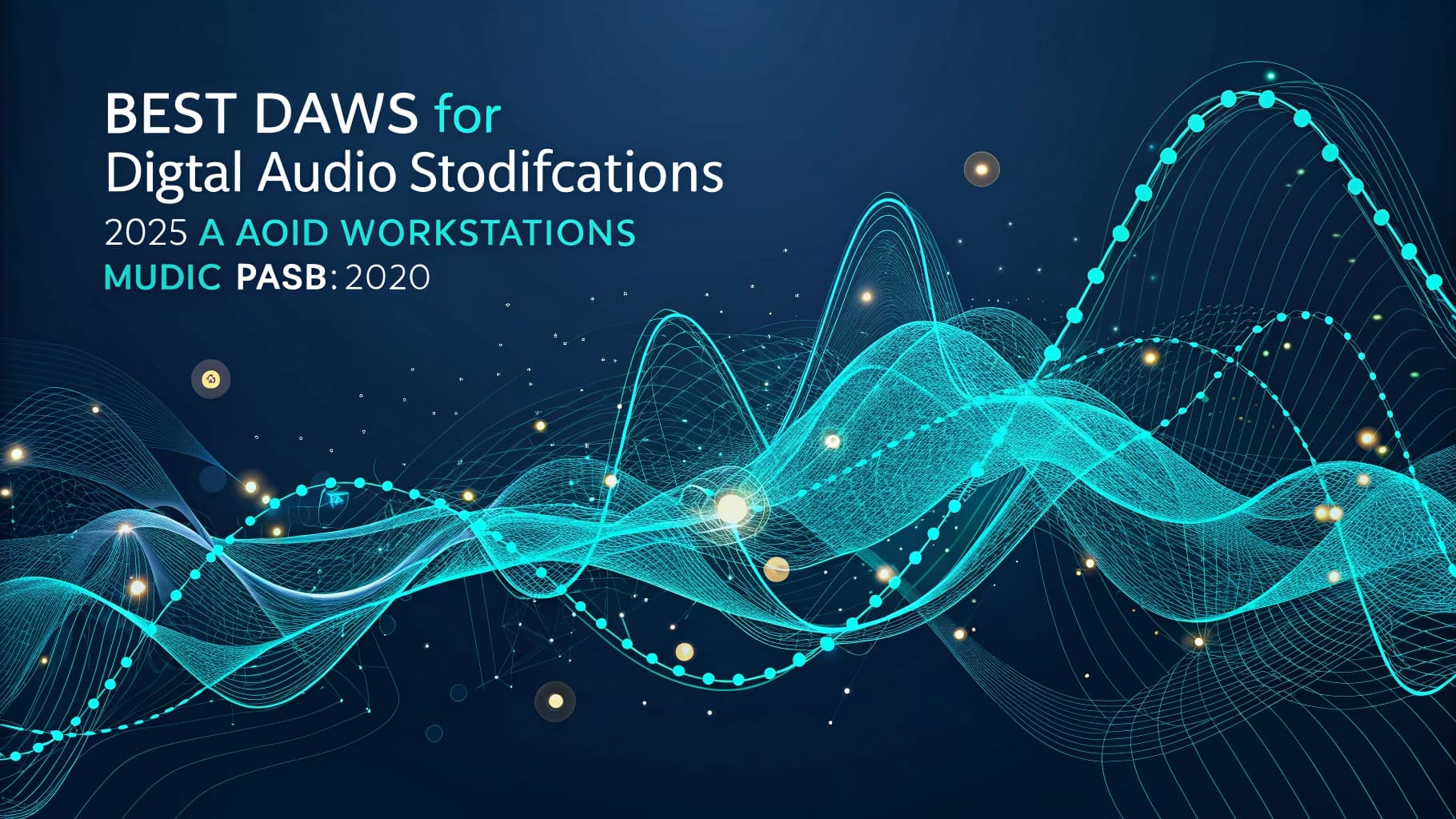 Blue background with "BEST DAWS for Digital Audio Stodifcations" text and abstract turquoise sound waves.