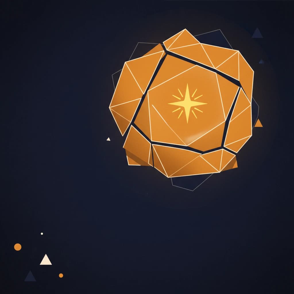 Abstract orange geometric sphere with a yellow starburst on a dark blue background.