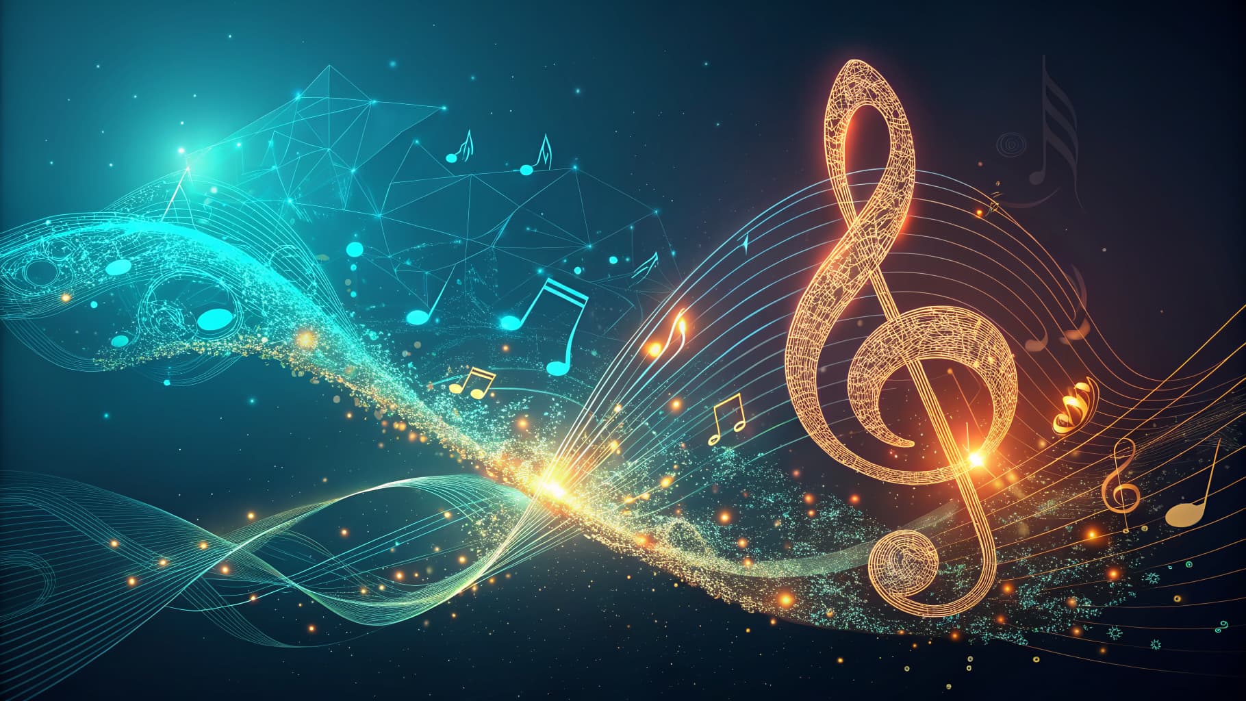 Glowing musical notes and a large treble clef on a dark blue background with light trails and geometric lines.