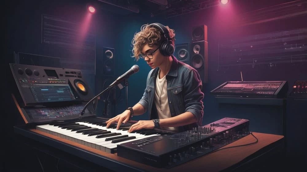 Young musician with headphones and glasses playing a keyboard in a music studio with pink lighting.