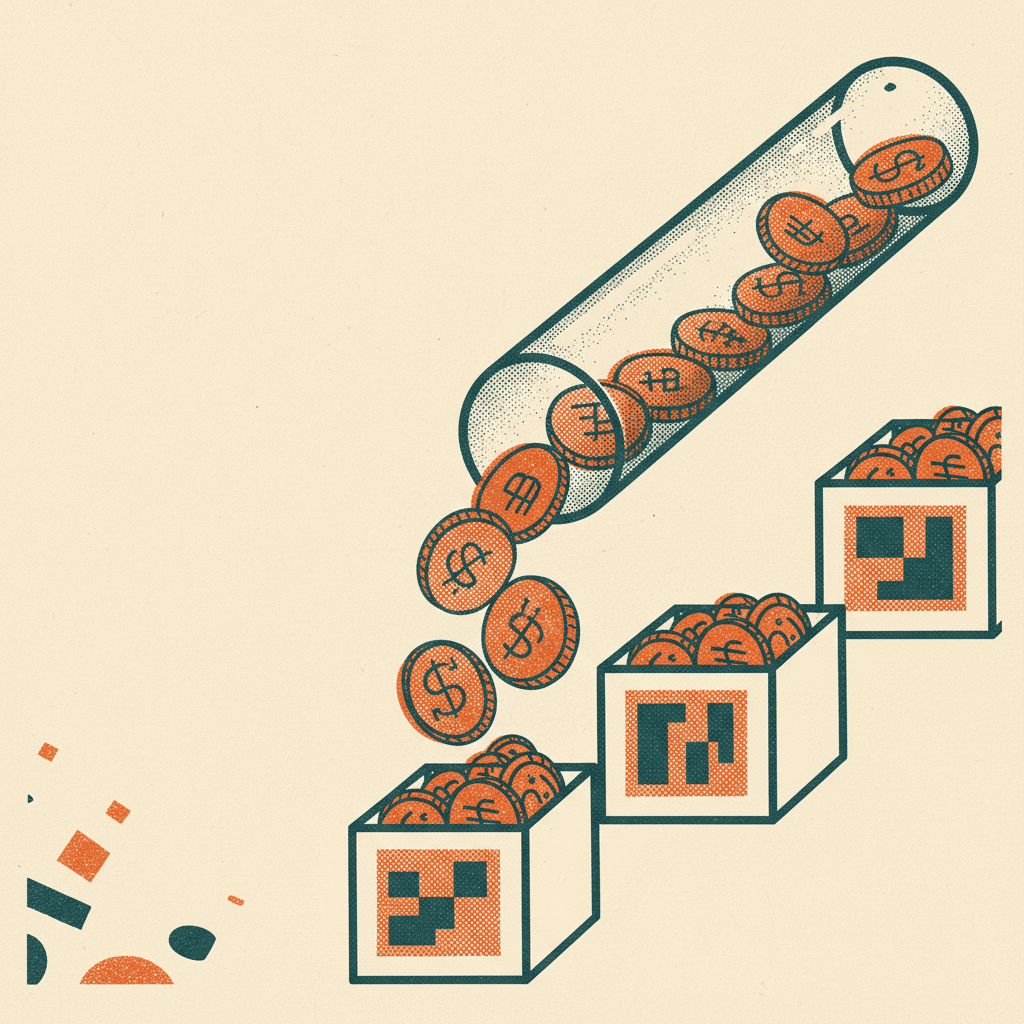 Coins with currency symbols falling from a test tube into three boxes with pixelated symbols.