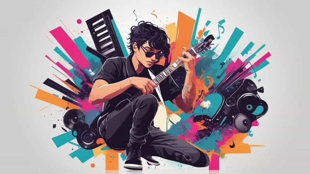 Stylized musician playing guitar, surrounded by colorful abstract shapes, musical notes, and audio equipment.