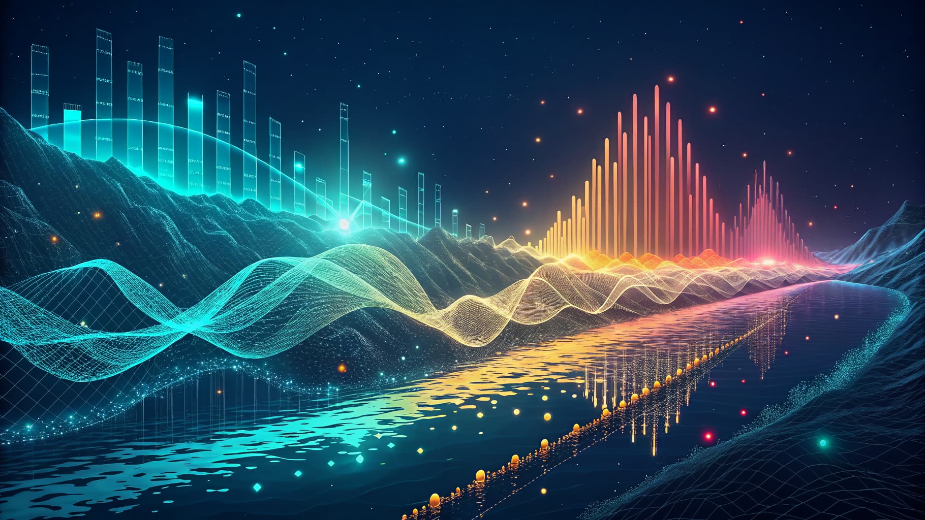Digital landscape with glowing mountains, data waves, and bar graphs under a starry sky.