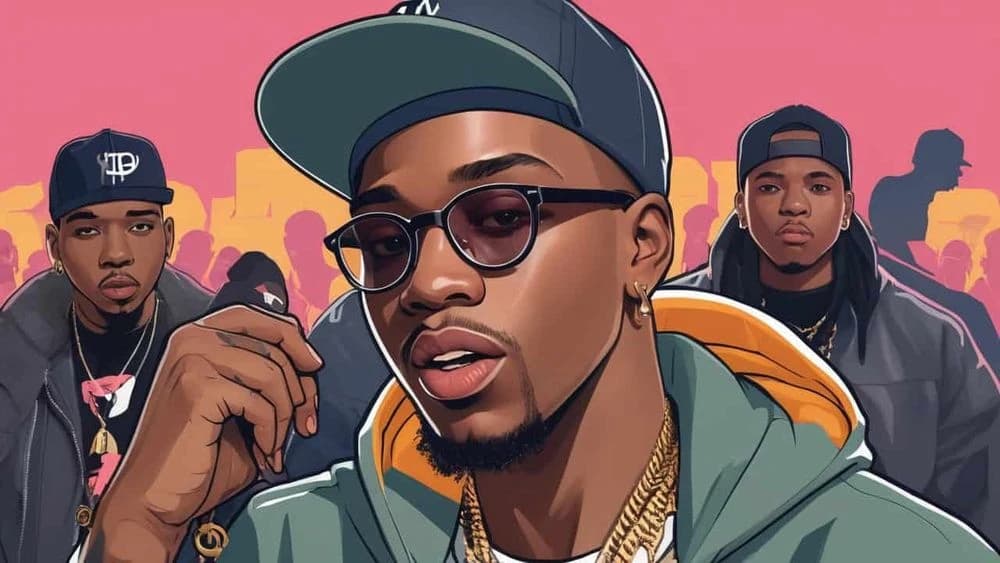 Three animated Black men in hip-hop attire, with the central figure wearing sunglasses and gold chains.