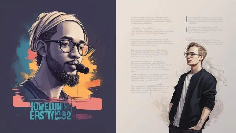 Stylized portraits of two men, one with a mic, the other with text overlay, representing song lyric writing.