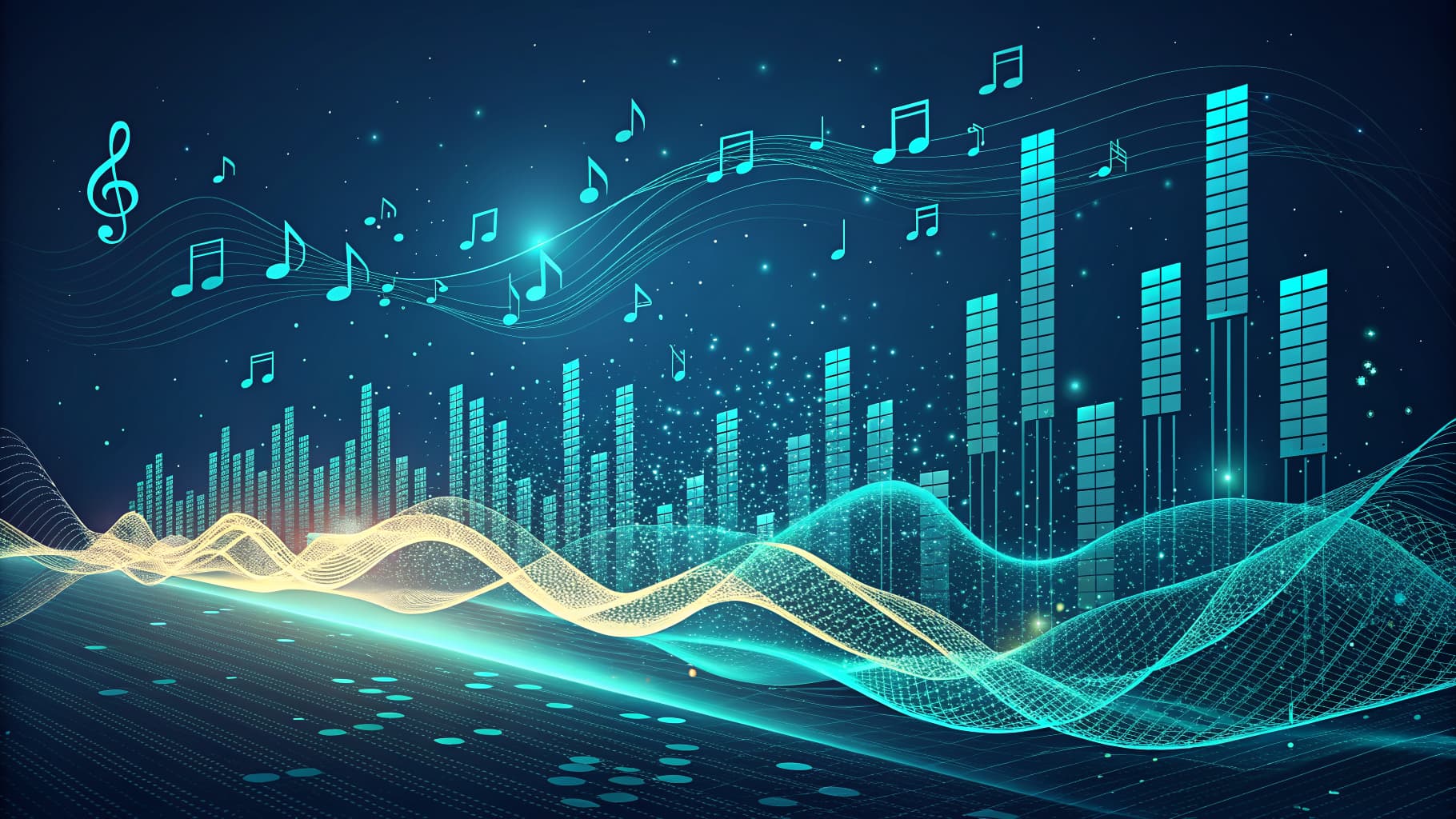 Blue and gold sound waves with music notes and an equalizer on a dark blue background.