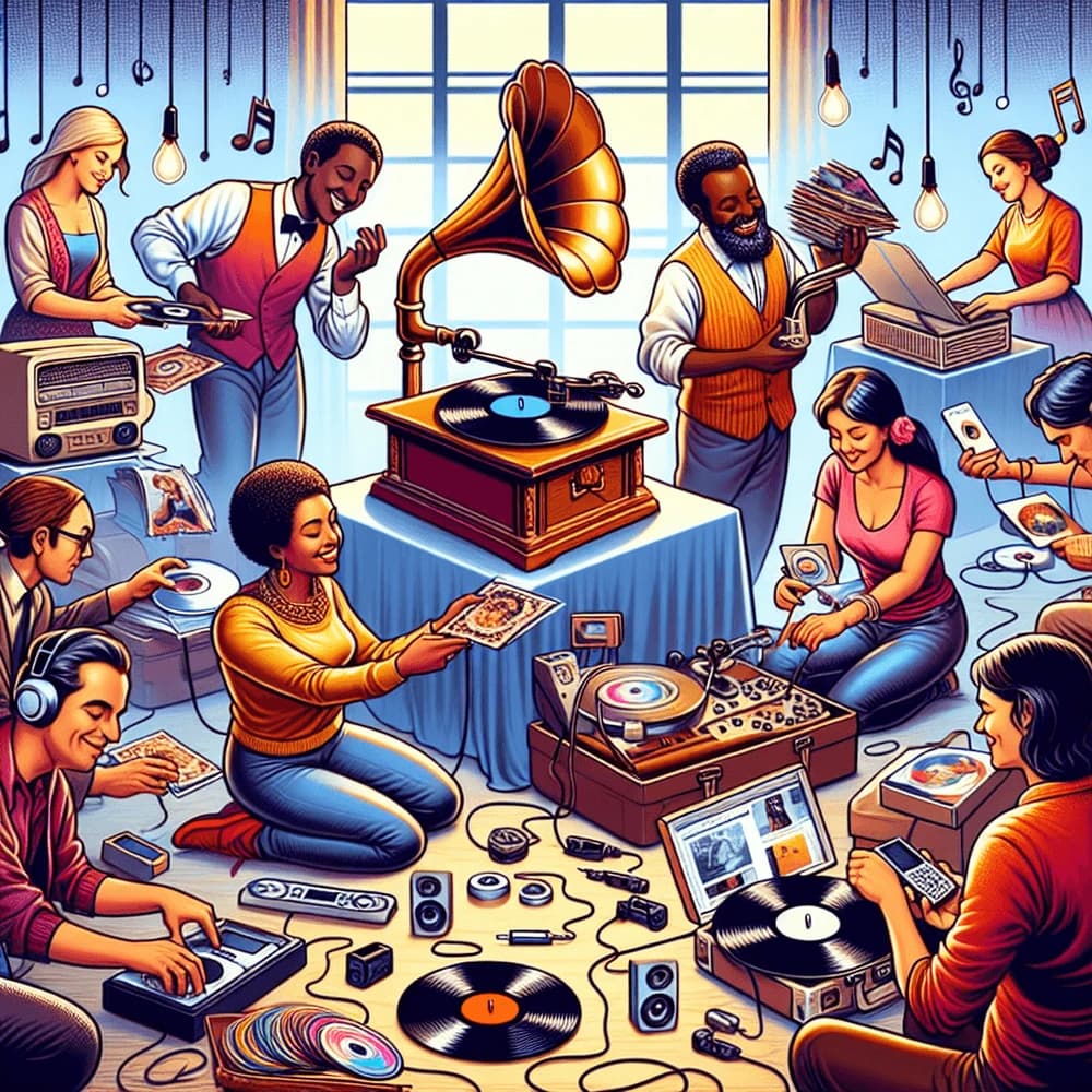 Diverse group of people enjoying music with vintage and modern record players, vinyl, and musical notes.