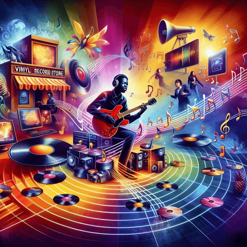 Vibrant, colorful art showing a guitarist, a vinyl record store, records, speakers, and musical notes.