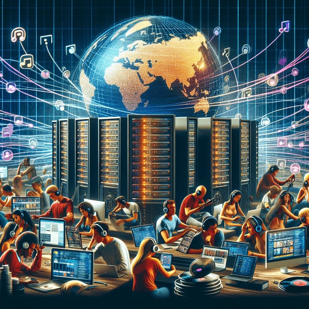 People with headphones using computers, surrounded by servers, a globe, and music notes connected by lines.