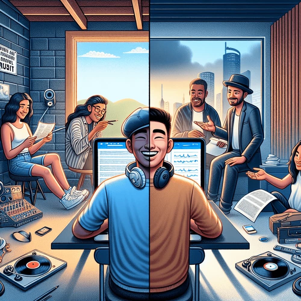 Split image: left shows indie artists in a studio, right shows artists with a label in a city office.