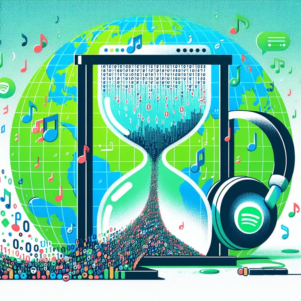 Hourglass with binary code flowing into colorful music notes, headphones, and a globe with a Spotify logo.
