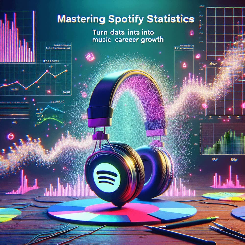 Spotify headphones on a colorful record, surrounded by glowing music data visualizations and charts.