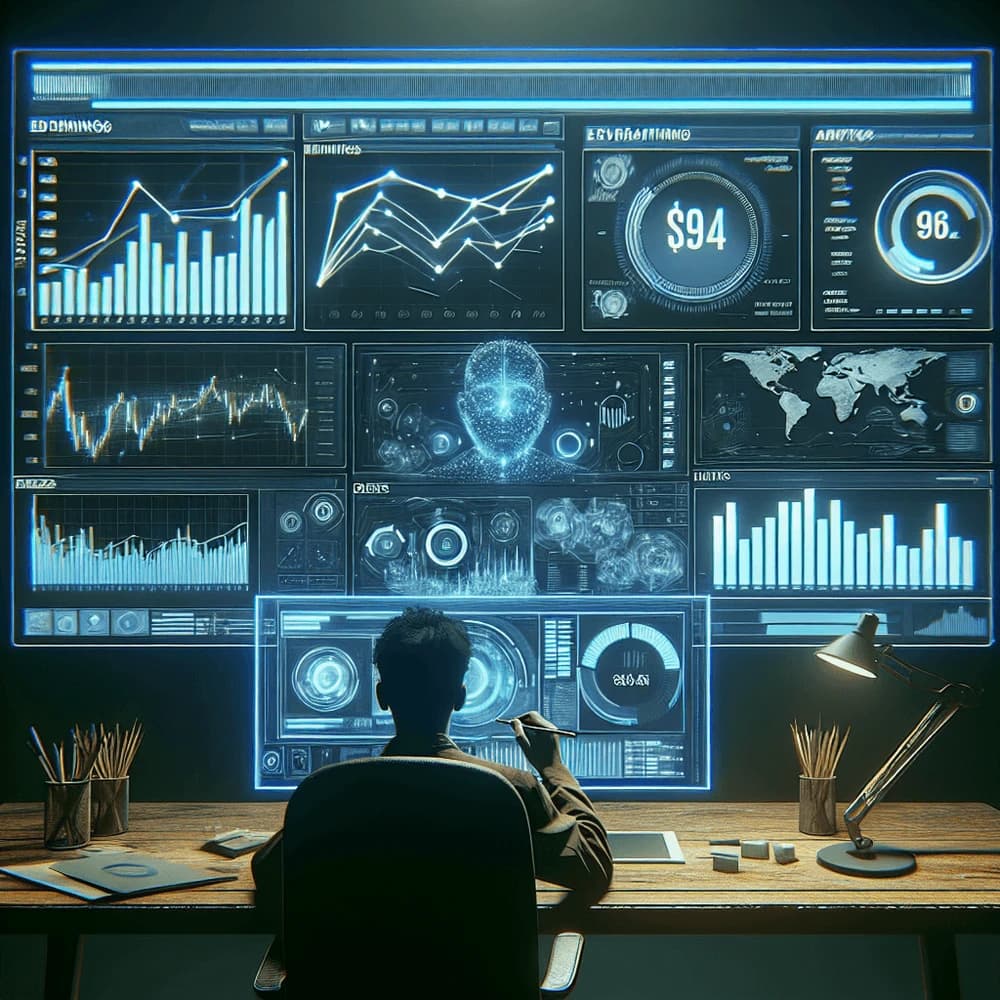 Person at desk viewing a large, glowing screen displaying multiple data charts, graphs, and a world map.