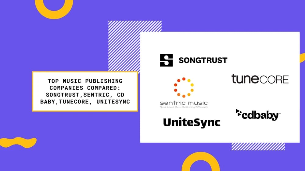 Logos of Songtrust, Sentric, TuneCore, UniteSync, and CD Baby, with text "TOP MUSIC PUBLISHING COMPANIES COMPARED".