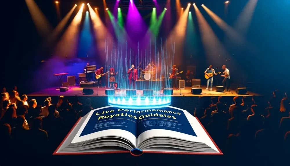 Open book titled "Live Performance Royalties Guidance" with a band performing on stage above it.