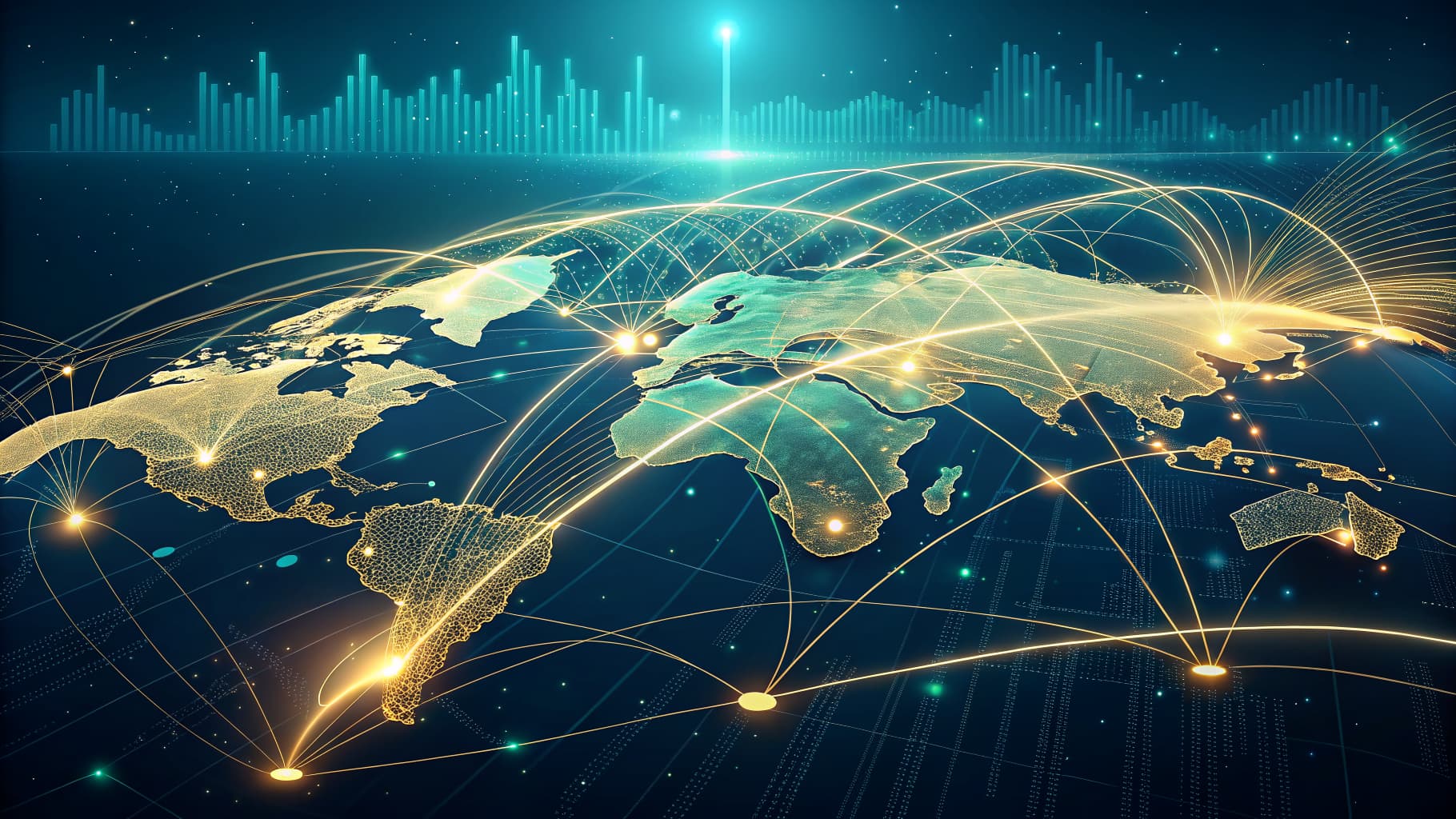 Digital globe with glowing continents, interconnected by light lines, and a bar graph in the background.