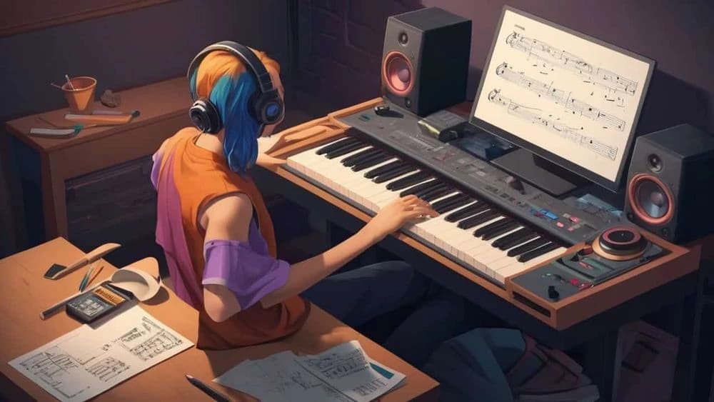 Person with blue-streaked hair wearing headphones playing a MIDI keyboard, with sheet music on a monitor and desk.