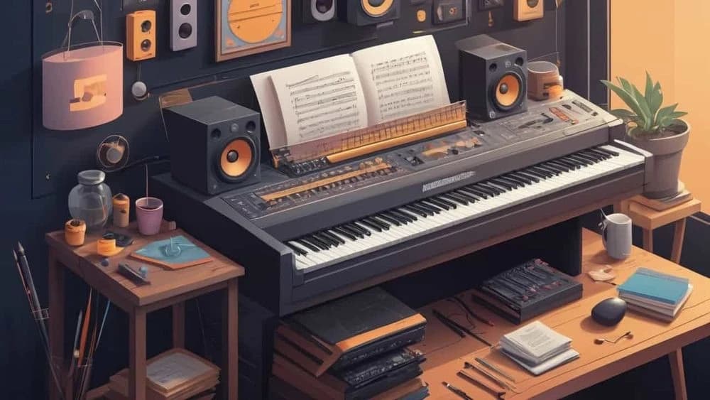 Music studio with a keyboard, sheet music, speakers, and various creative tools on wooden tables.