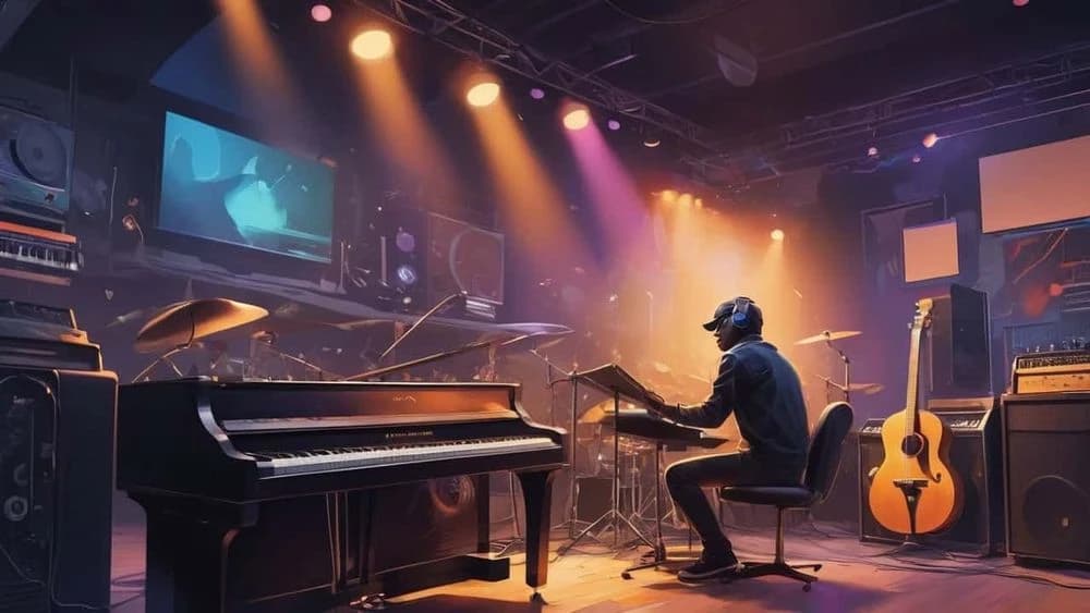 Musician in headphones playing a keyboard on a stage with a piano, guitar, drums, and colorful spotlights.