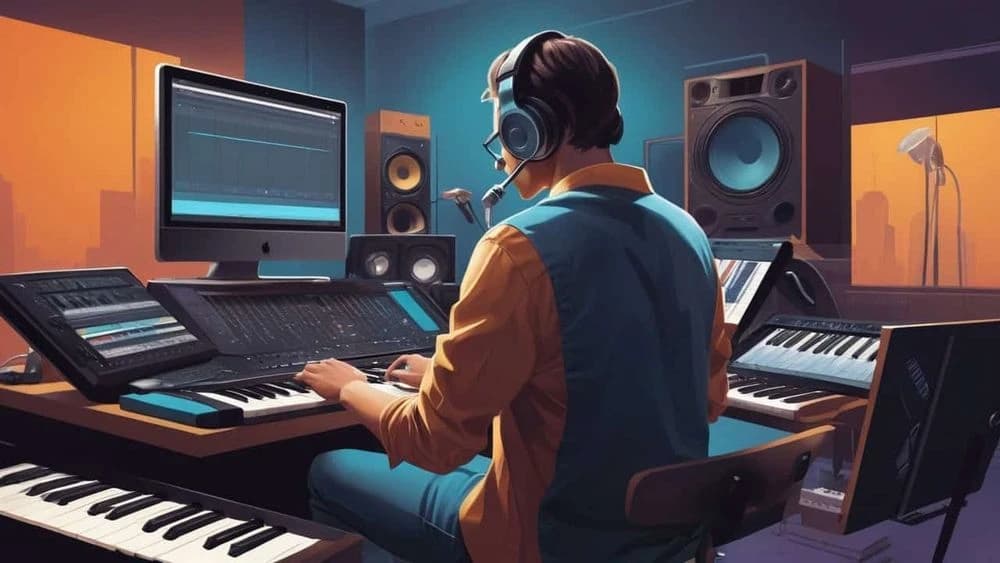 Person in headphones and glasses at a music studio desk with keyboards, monitors, and speakers.