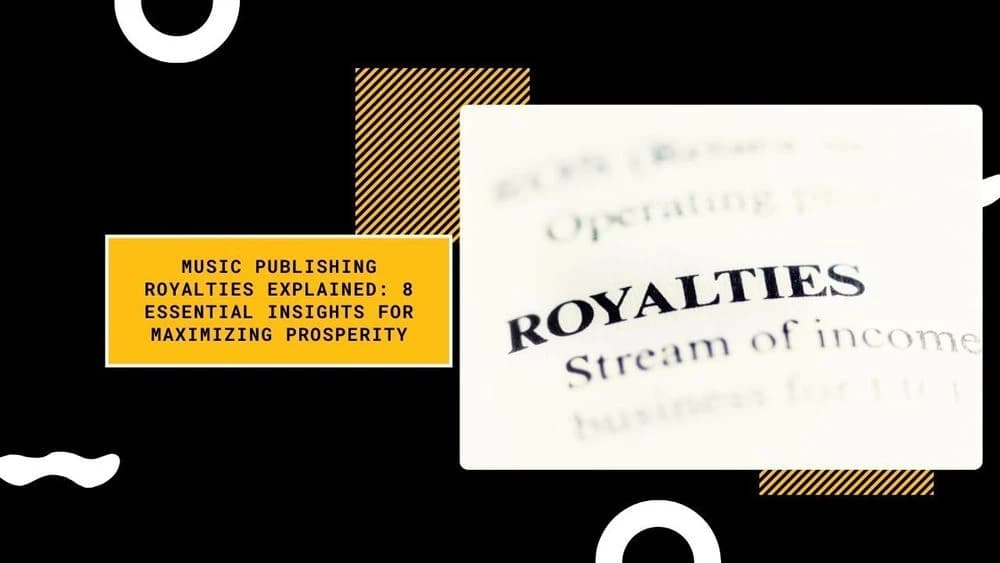 Black background with yellow and white shapes, text "ROYALTIES" on a white page, and article title.