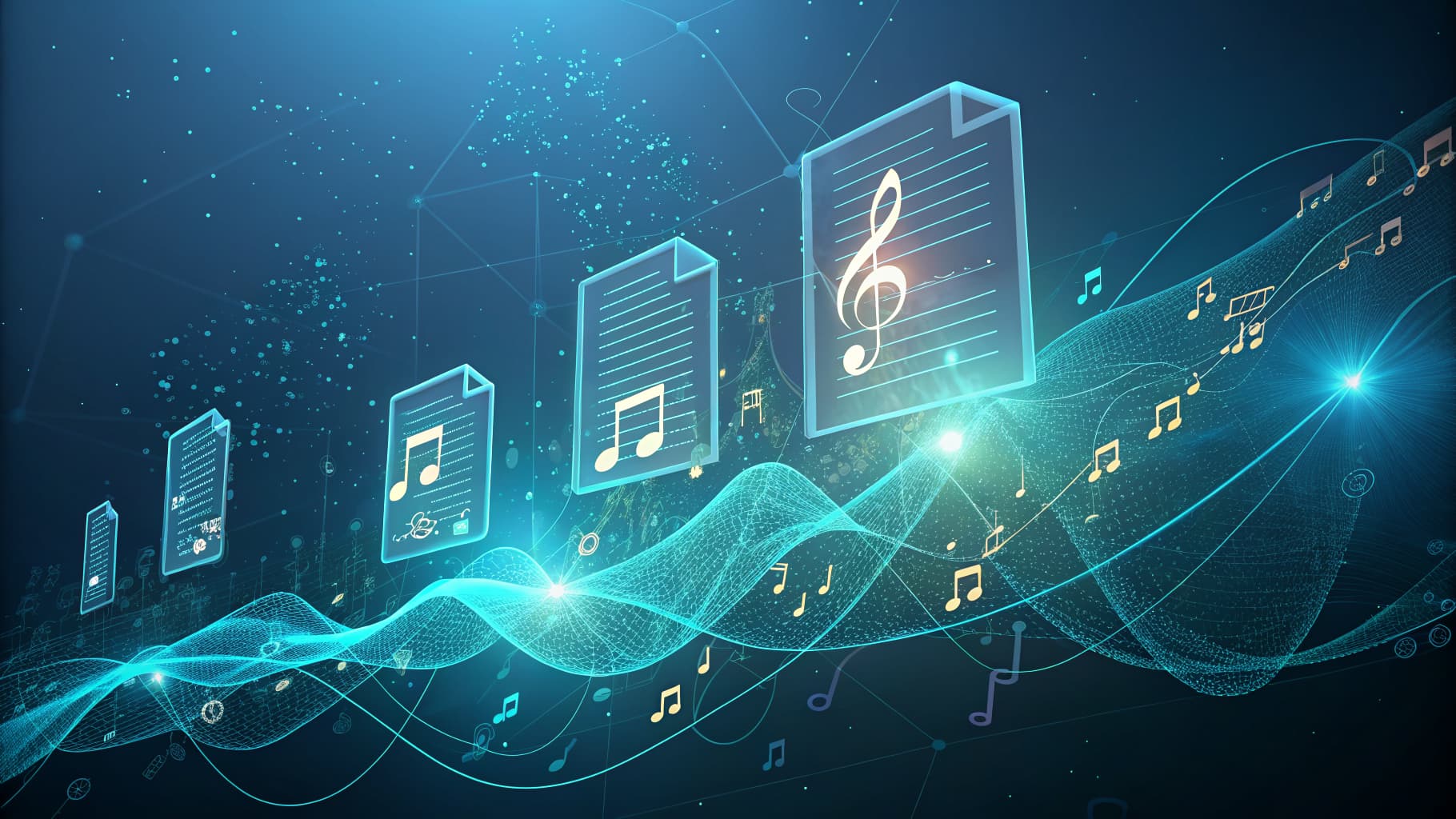 Digital music notes and sheet music files floating above a glowing, wavy, wireframe sound wave on a dark blue background.