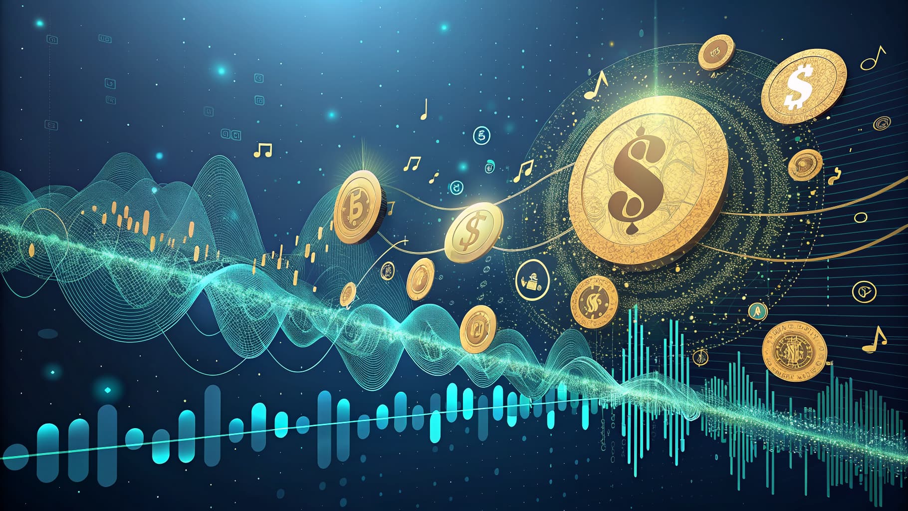 Digital sound waves and financial charts with floating gold coins and musical notes on a dark blue background.