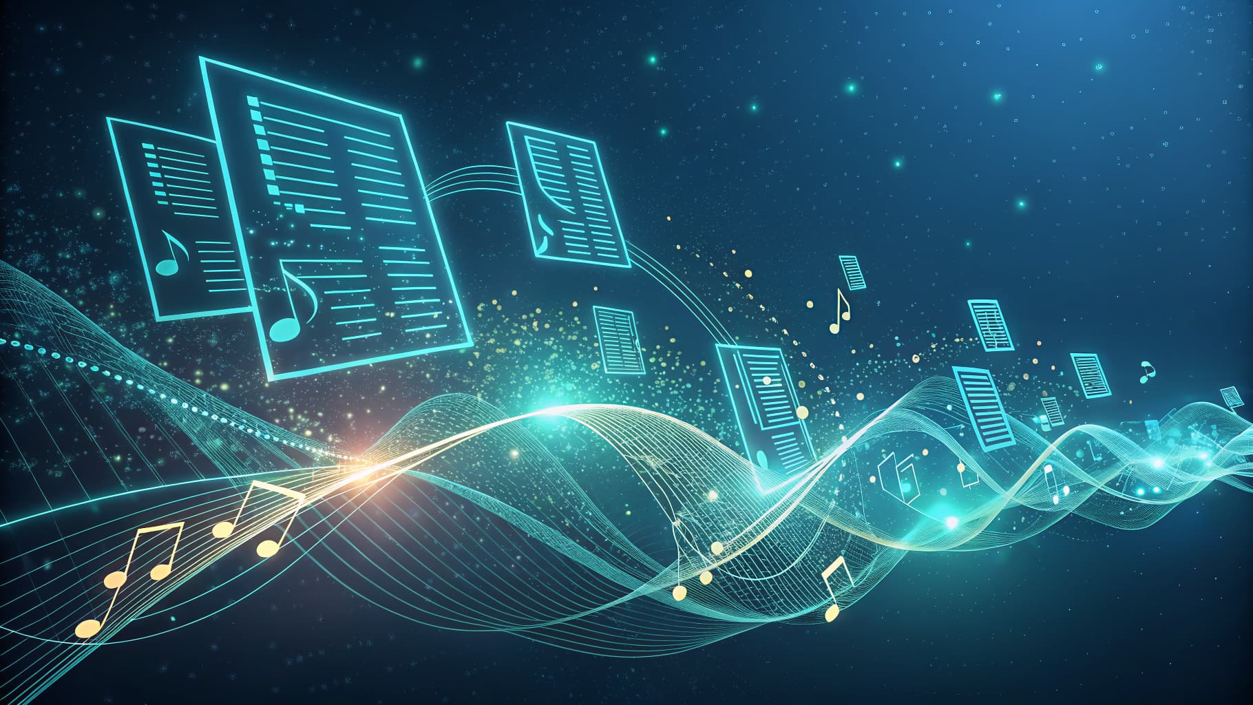Digital music notes and sheet music icons floating on glowing blue sound waves against a dark, starry background.