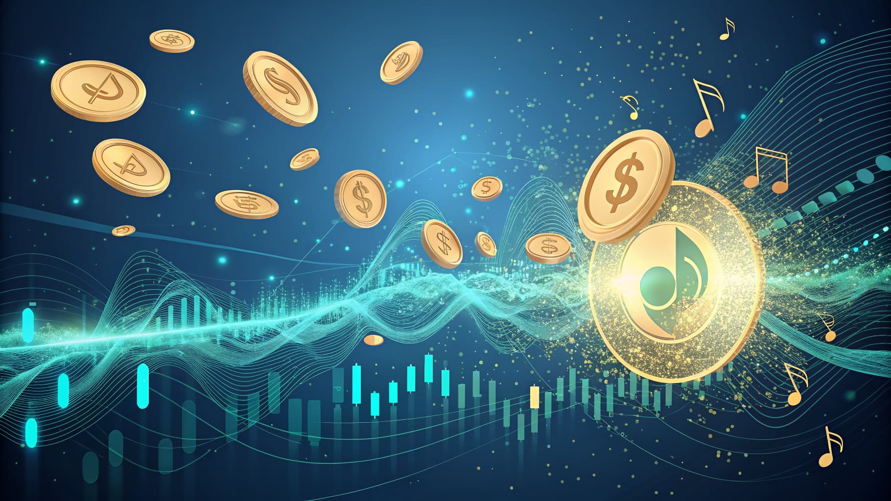 Golden coins and musical notes float above a blue background with glowing data waves and bar graphs.
