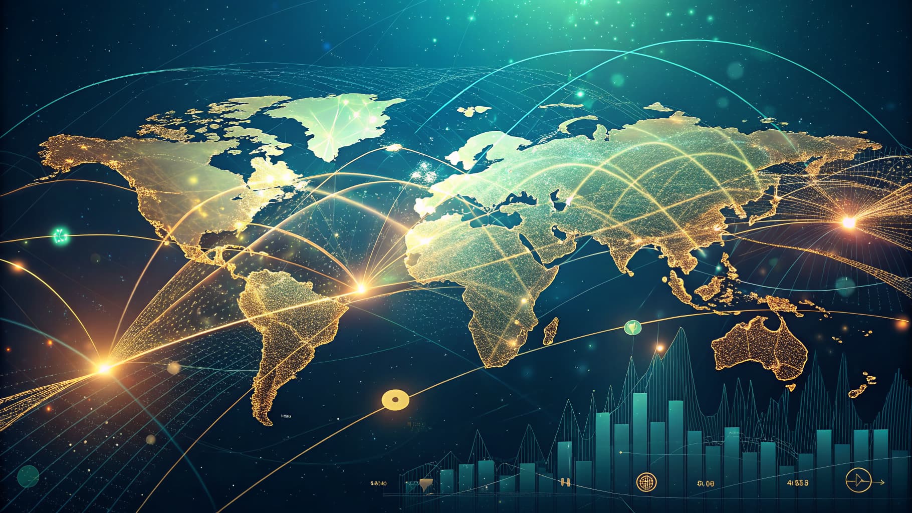 Digital world map with glowing lines connecting continents, overlaid with data visualizations and bar graphs.