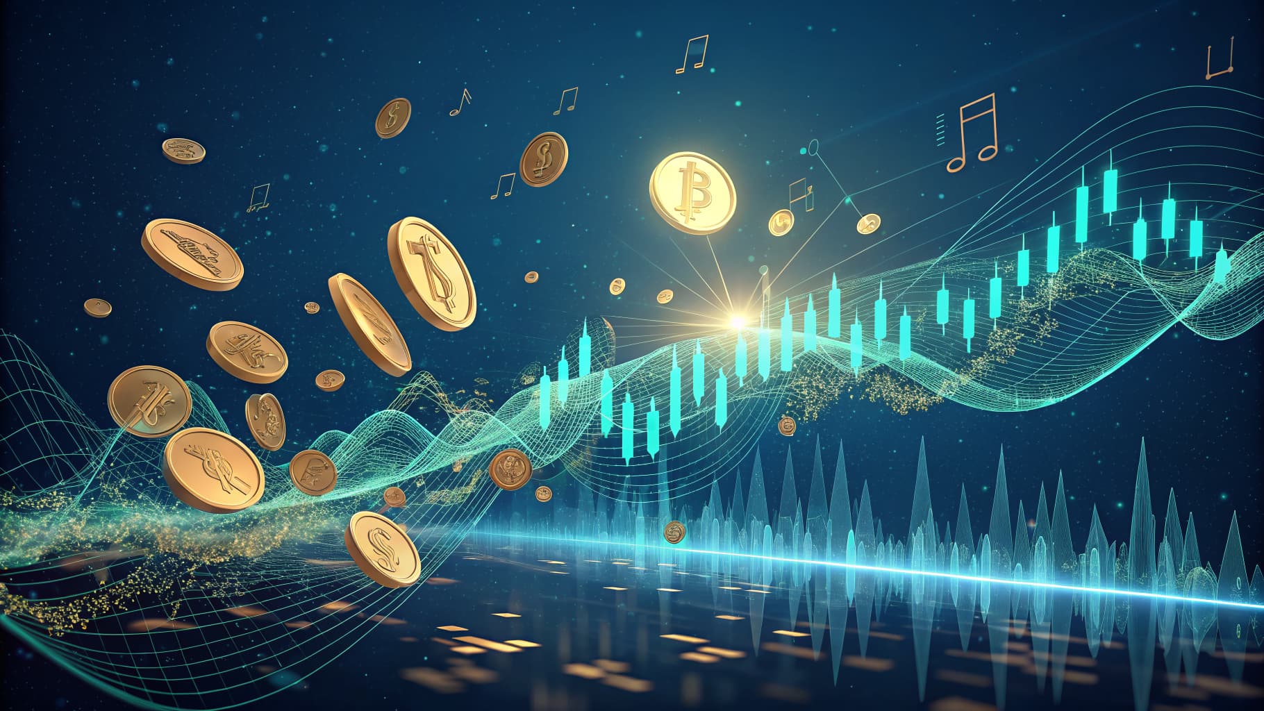 Golden coins, a Bitcoin, and musical notes float above glowing financial charts and data waves on a dark blue background.