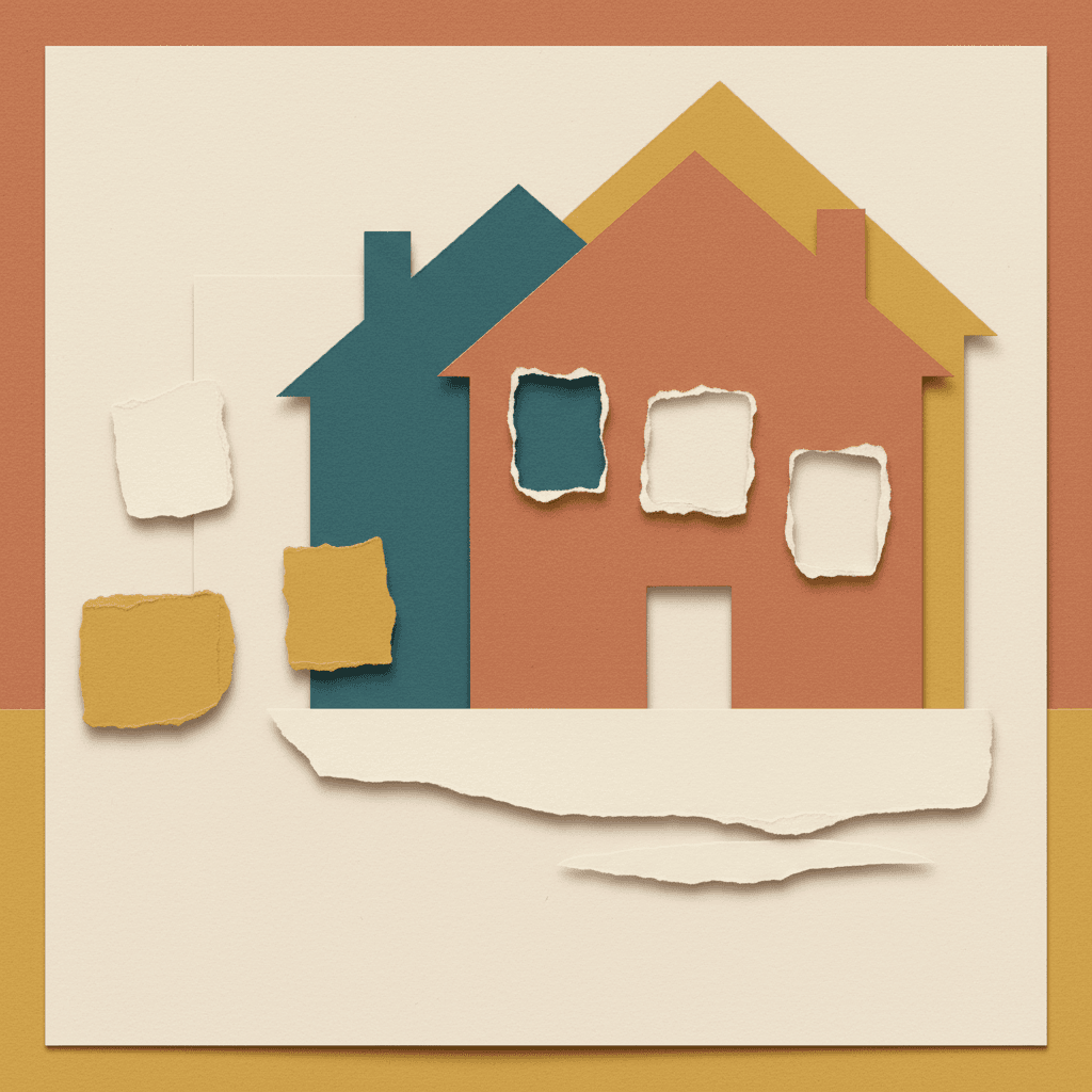 Paper cutout houses in teal, terracotta, and gold with torn paper elements on a cream background.
