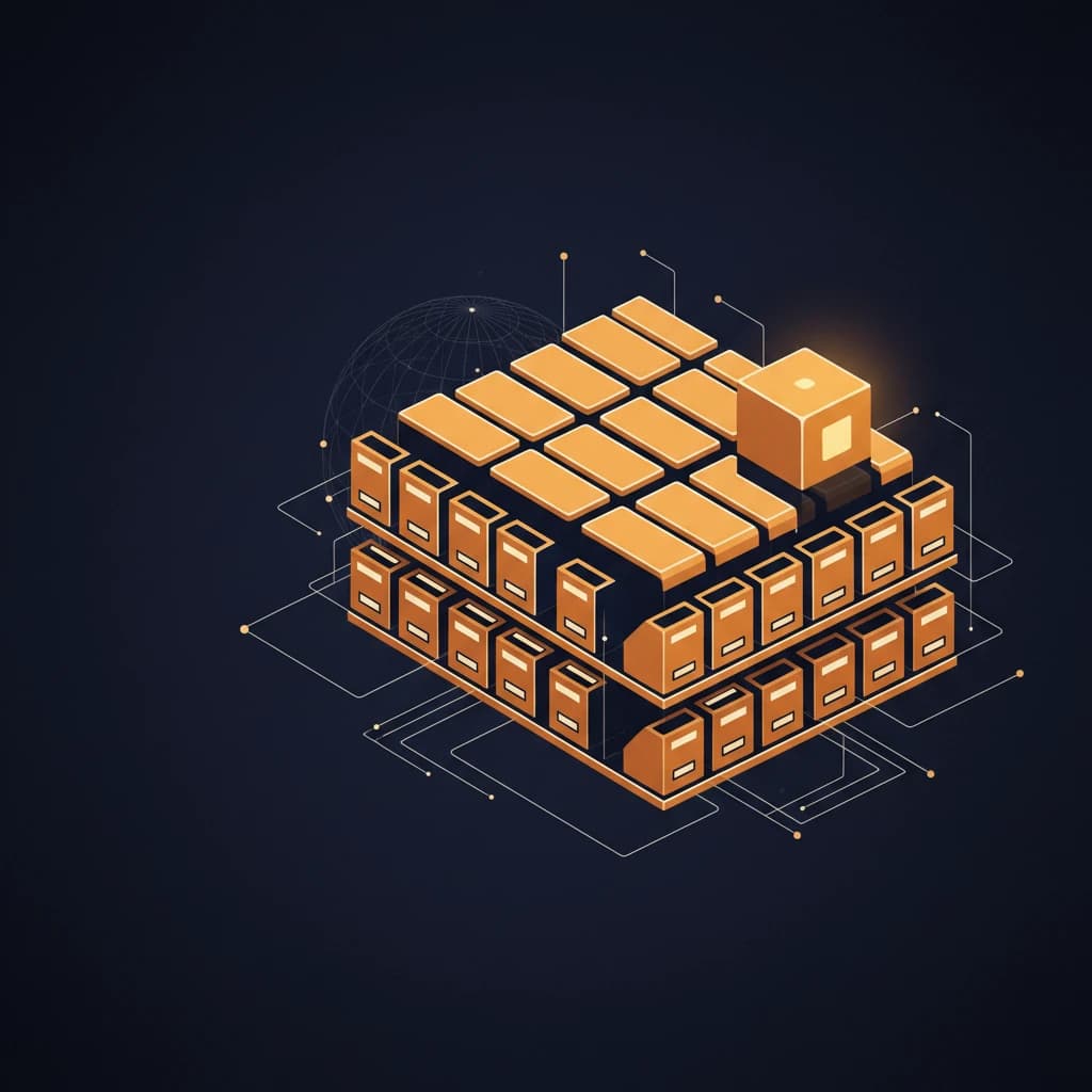 Isometric illustration of a data center with servers, storage, and a glowing central processing unit.