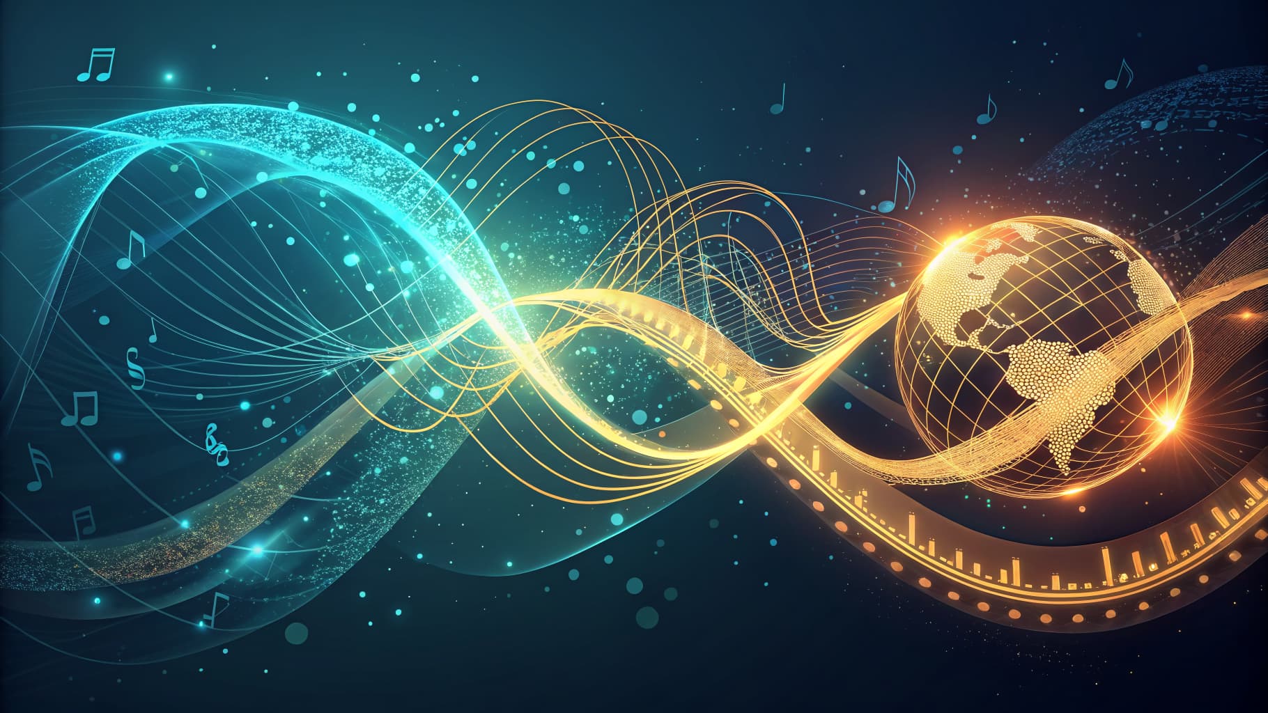 Abstract musical waves with notes, a glowing globe, and sound bars in blue and gold.