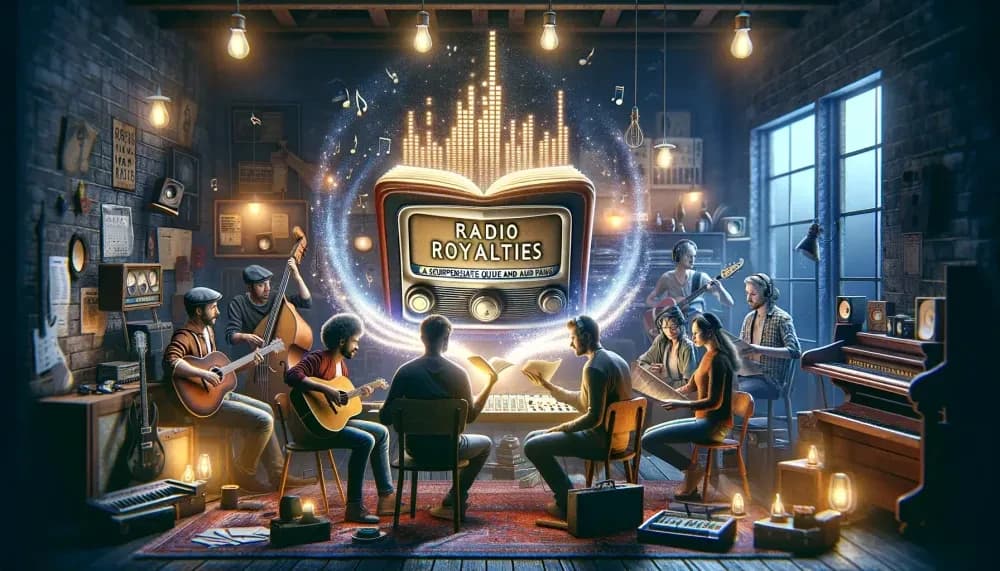 Musicians in a studio with instruments, gathered around a glowing vintage radio displaying "Radio Royalties" and sound waves.