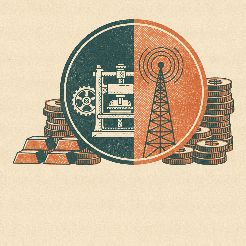 Industrial press and radio tower in a split circle, surrounded by gold bars and coin stacks.