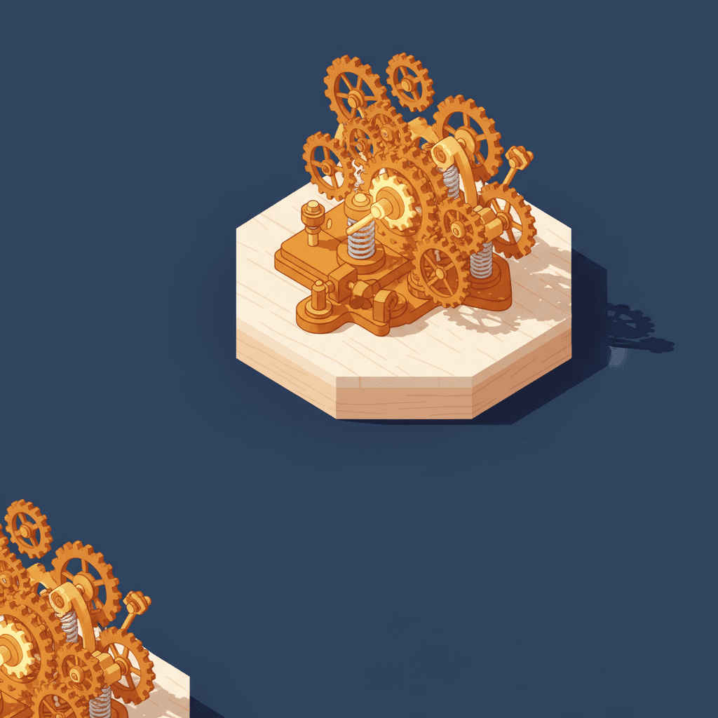 Two isometric hexagonal wooden platforms, each holding a complex golden gear mechanism, on a dark blue background.