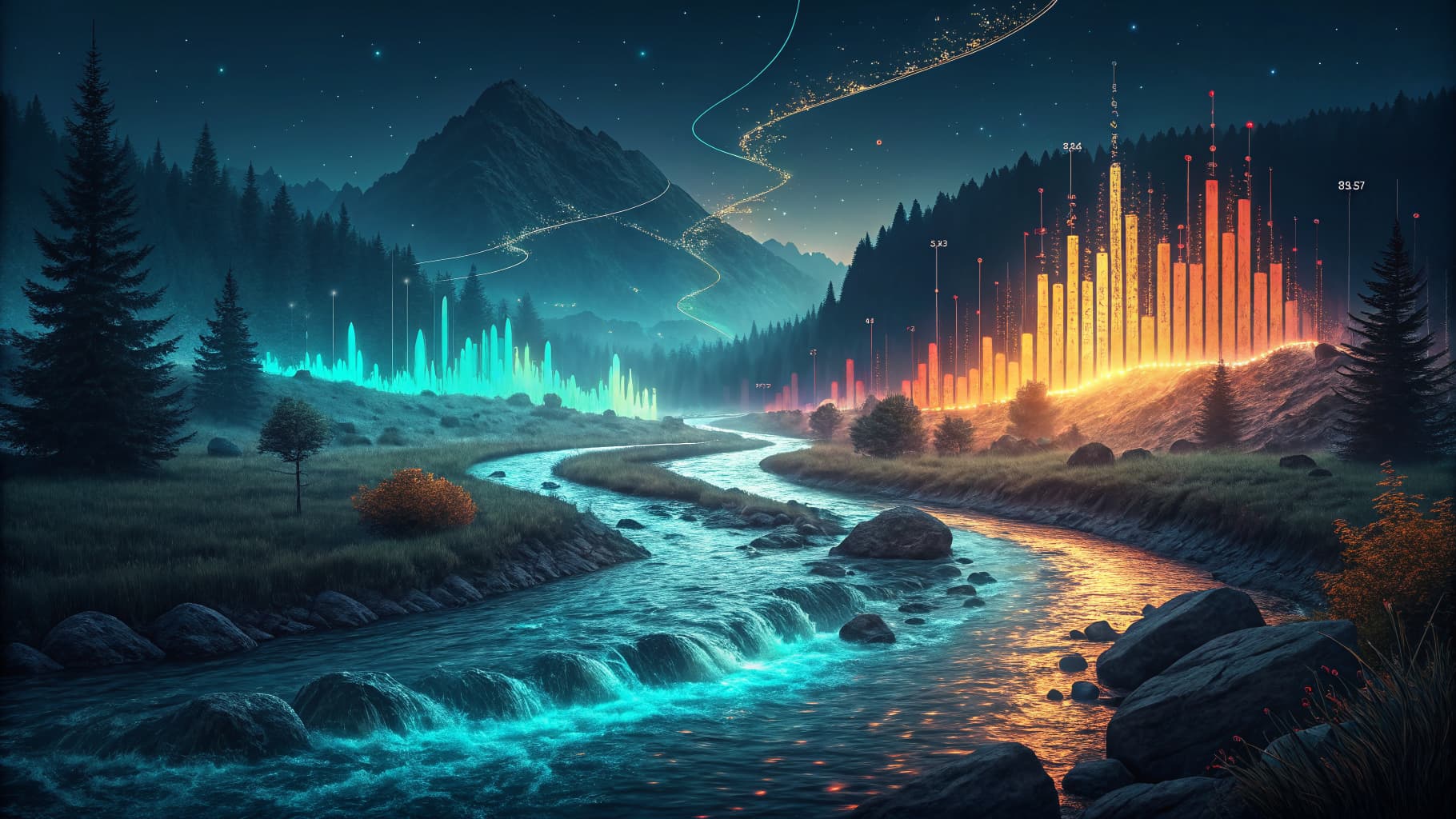 Night landscape with a river, mountains, and forests, illuminated by glowing blue and orange data visualizations.