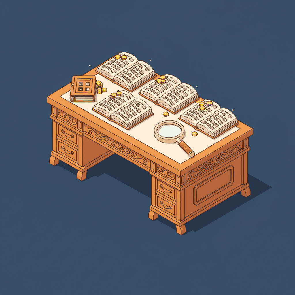 Ornate wooden desk with open books, stacks of coins, a closed book, and a magnifying glass.