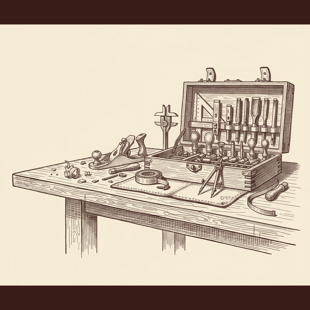Woodworking tools, including a plane, calipers, and a tool chest, on a wooden workbench.