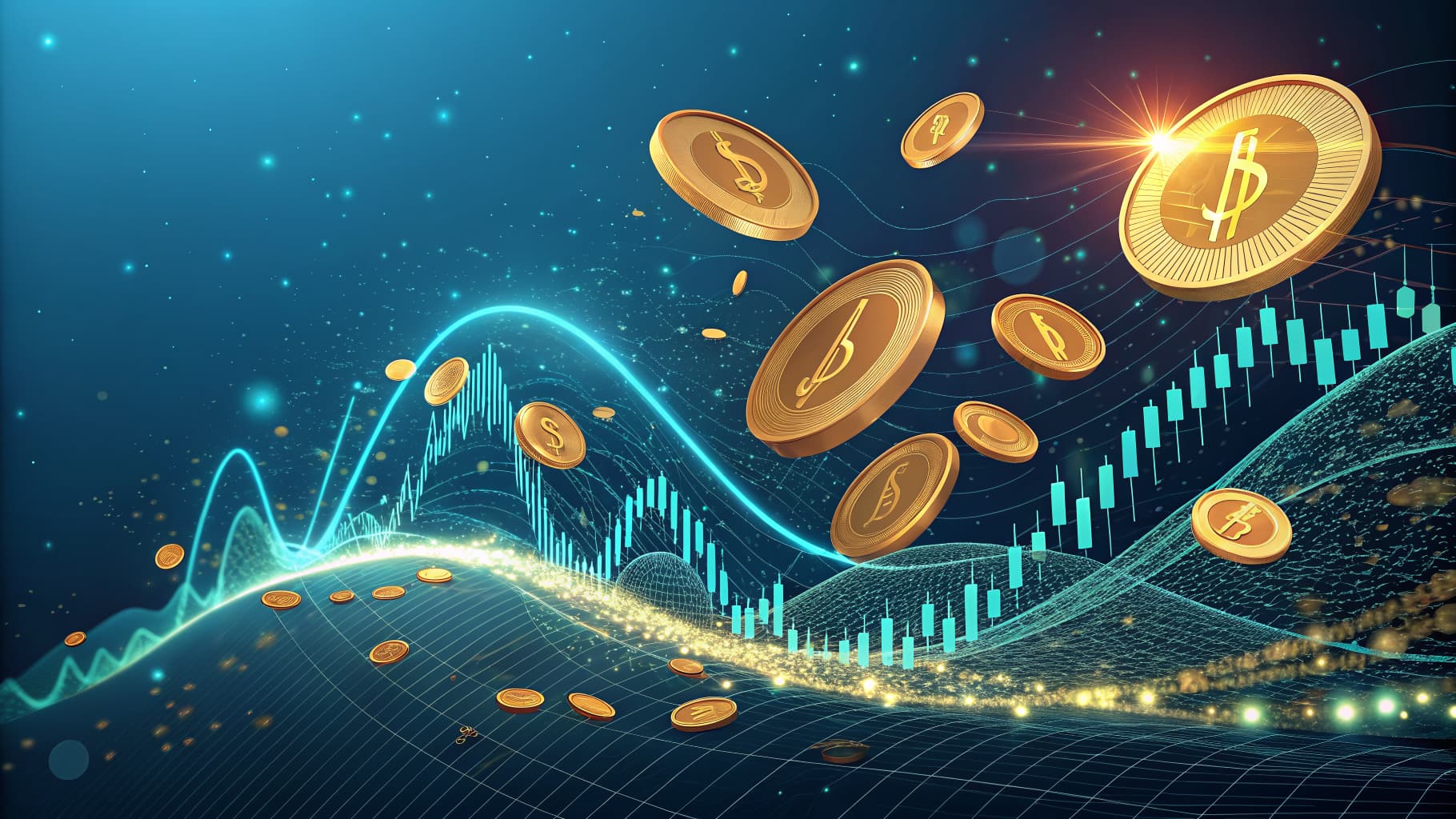 Golden coins with various currency symbols floating over a blue digital financial graph with glowing lines and bars.