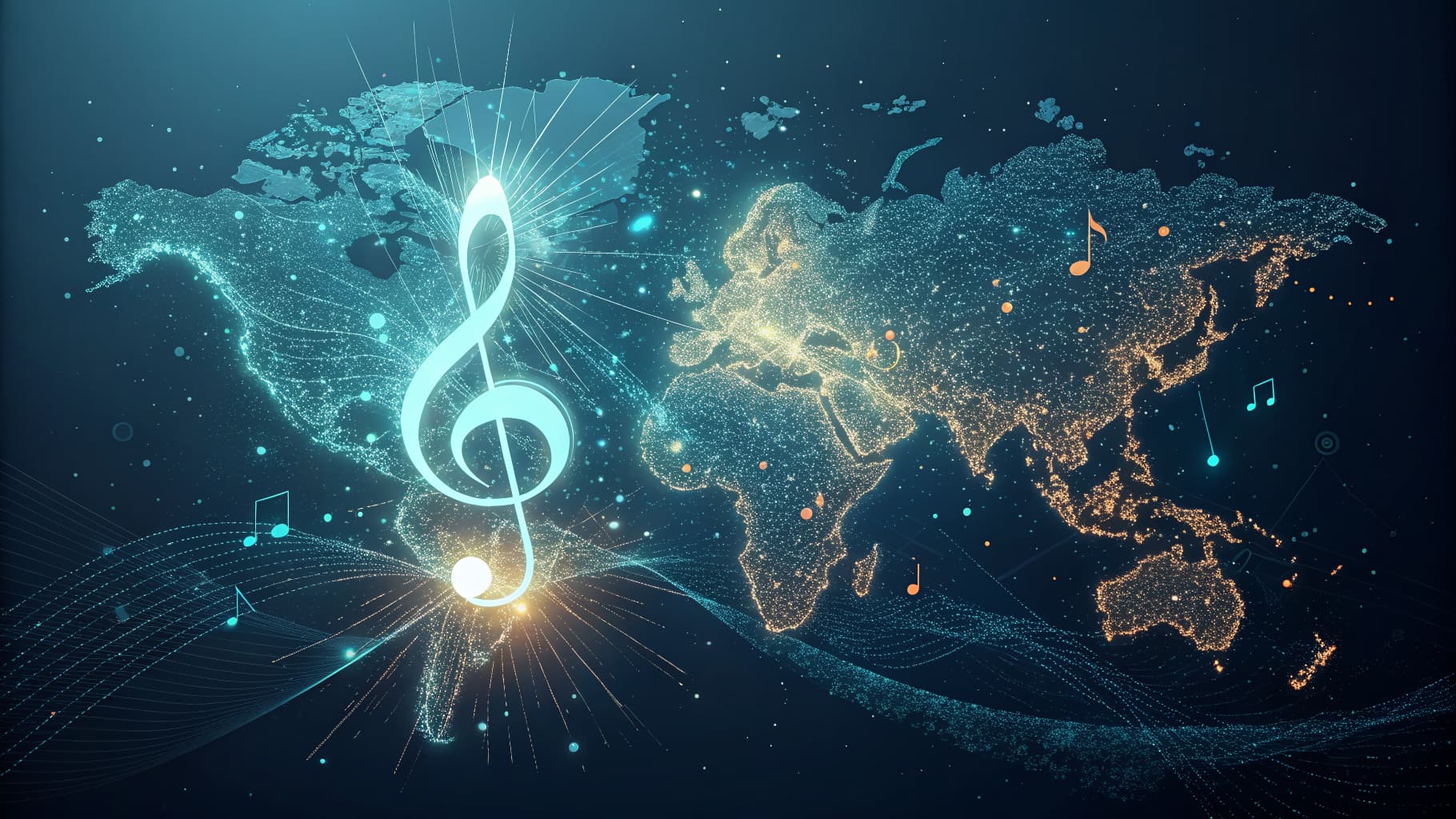Glowing world map with a large treble clef and musical notes, representing global music.