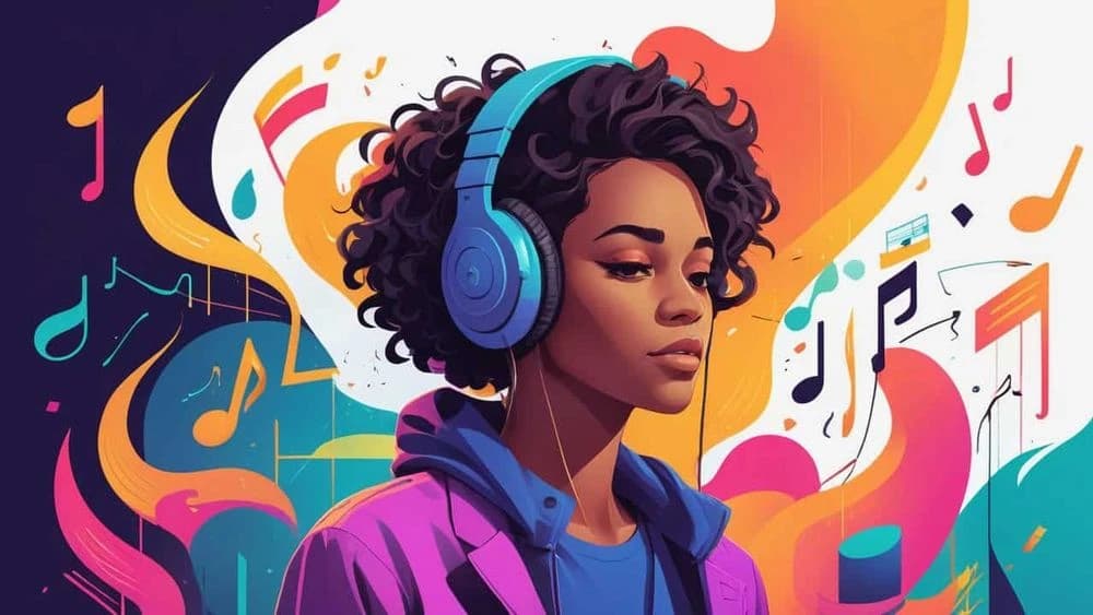 Woman with curly hair wearing blue headphones, surrounded by colorful musical notes and abstract shapes.