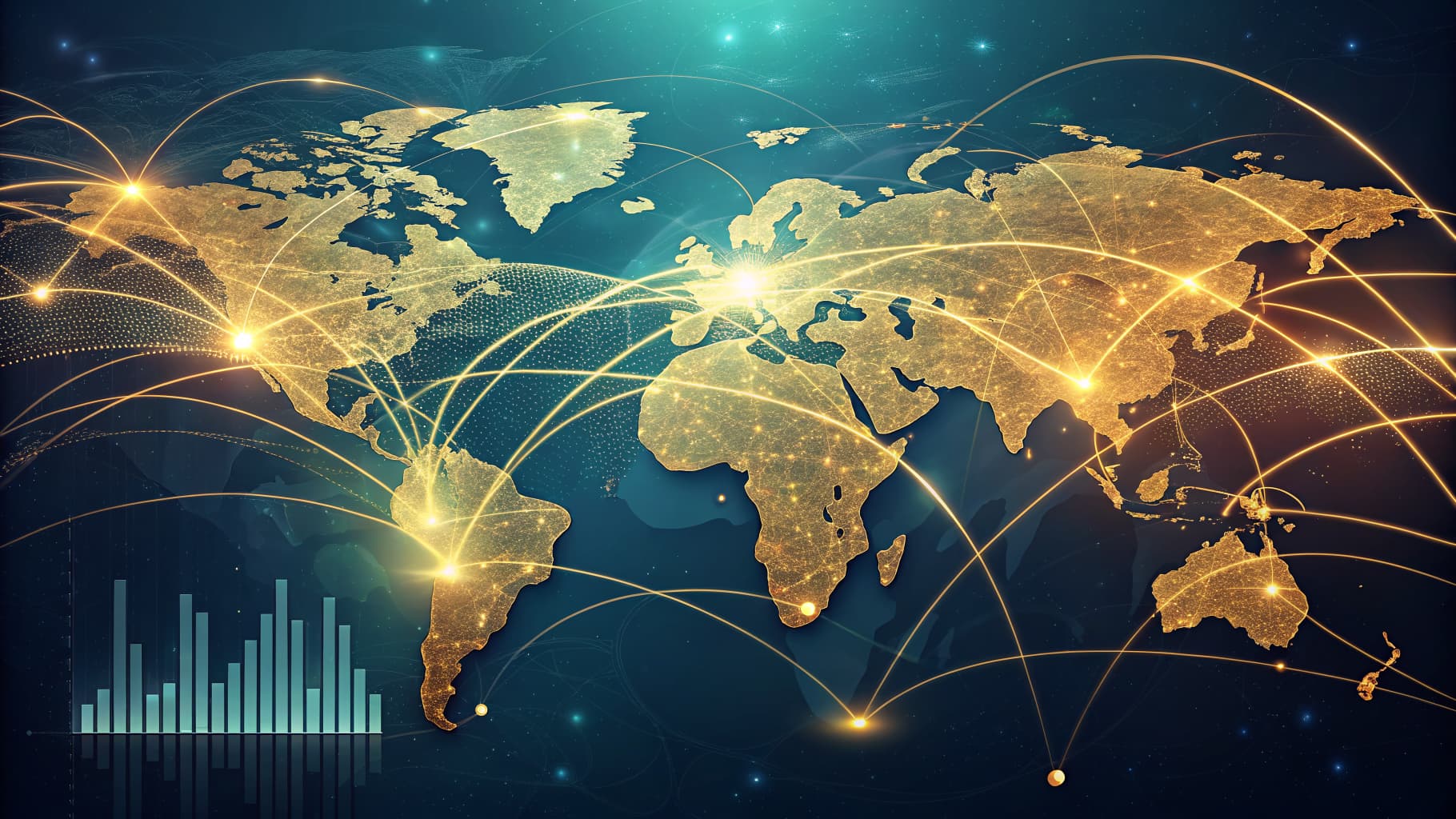 Golden world map with glowing connection lines and a bar graph in the lower left corner.