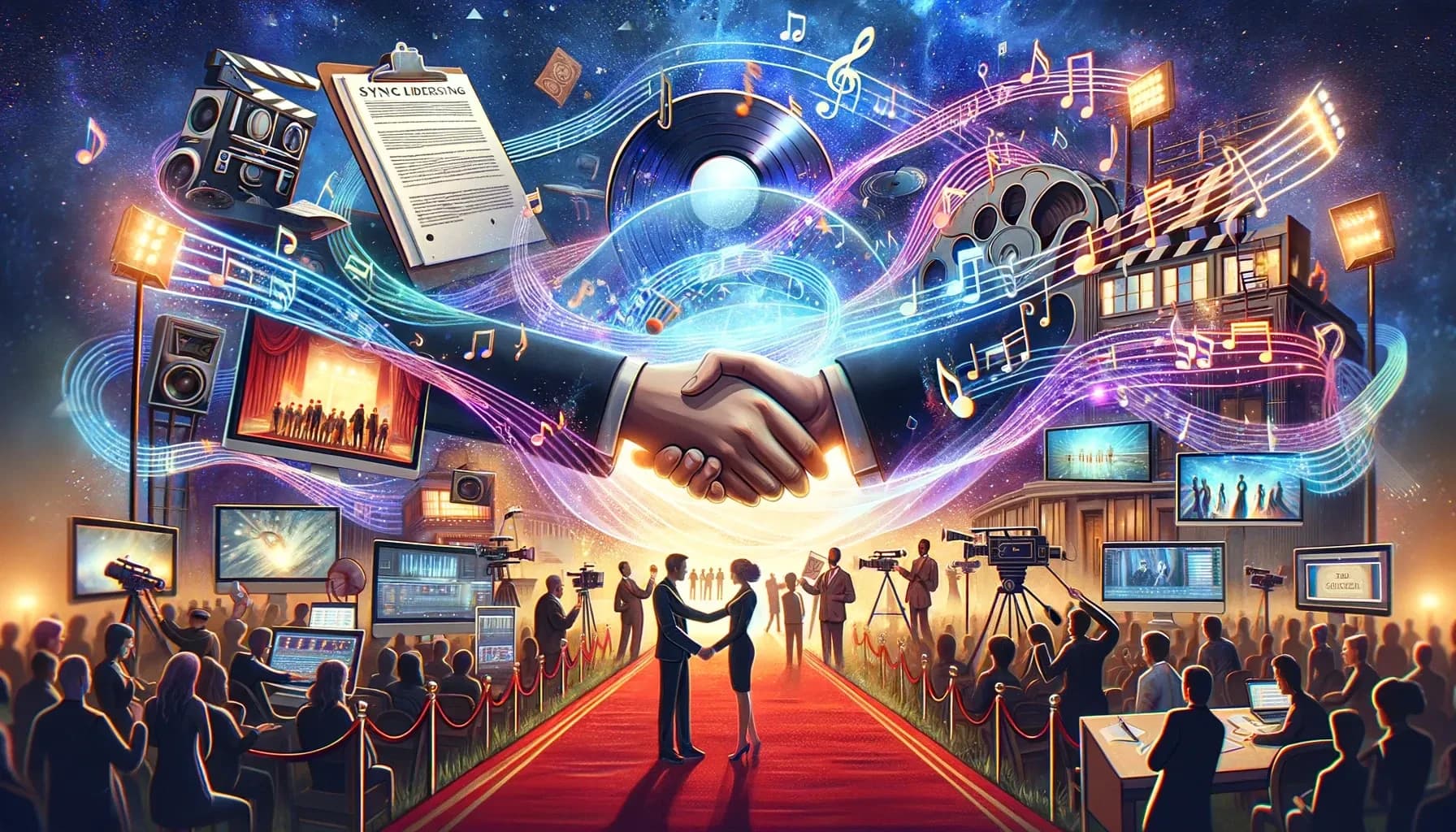 Handshake over a red carpet, surrounded by music notes, film reels, cameras, screens, and a "Sync Licensing" contract.